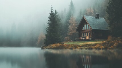 Quiet lake and house forest in autumn rain