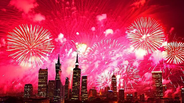 Camera zooms out from fireworks exploding in the night sky during new year's eve, illuminating the city skyline