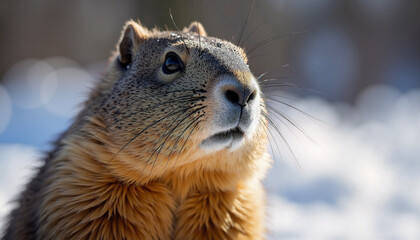 Obraz premium Groundhog awaiting its shadow on a snowy morning, signaling the arrival of spring and the spirit of Groundhog Day