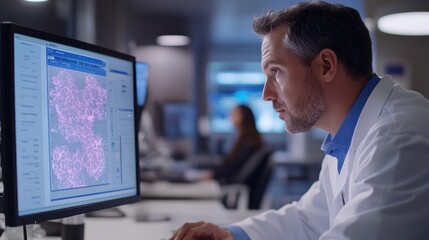 Fototapeta premium Healthcare Provider Reviewing Advanced Lab and Medical Imaging Results on Monitors During Telemedicine Consultation, Emphasizing Accurate Diagnosis and Digital Medical Analysis in Professional Setting