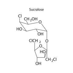 Sucralose skeletal structure diagram.Artificial sweetener compound molecule scientific illustration.