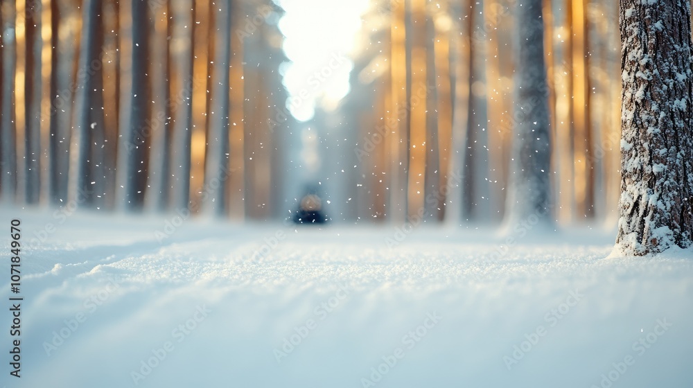 Poster exploring a snowy forest with a sleek black snowmobile under the soft light filtering through tall t
