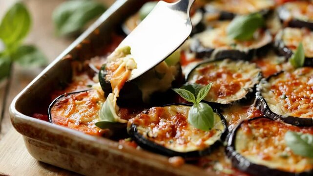 Freshly baked eggplant parmigiana casserole is presented, featuring golden brown melted cheese and fresh basil garnish