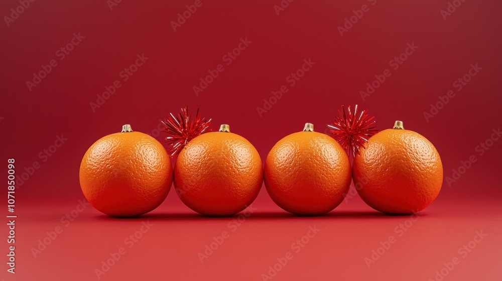 Poster four oranges are arranged in a row on a red background