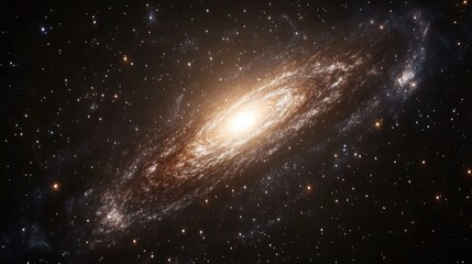 Fototapeta premium Cosmic scene of a spiral galaxy with radiant stars and nebulae, viewed from space. Majestic and serene universe in an endless starfield.