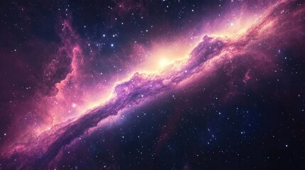 Obraz premium Cosmic scene of a spiral galaxy with radiant stars and nebulae, viewed from space. Majestic and serene universe in an endless starfield.