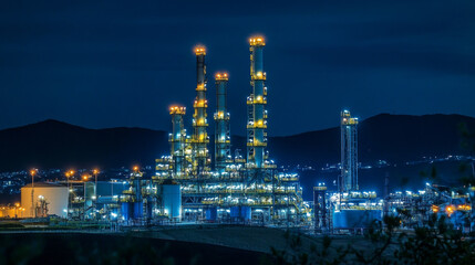 An oil and gas plant shines brightly at night, highlighting the energy industry's role in a smart city. This symbolizes how technology can help us use energy wisely and sustainably.