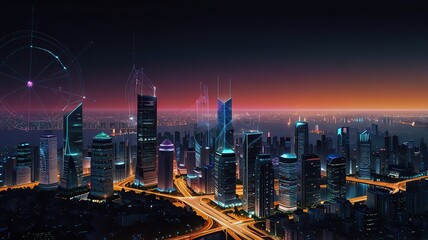 Obraz premium Smart city dot point connect with gradient grid line, connection technology metaverse concept. Night city banner with big data.