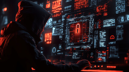 A hooded figure interacts with a glowing computer interface filled with digital codes and security symbols, illustrating themes of cybersecurity and hacking.