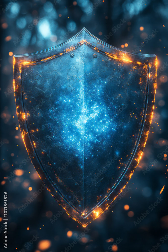 Poster A 3D shield with subtle, glowing particles, illustrating the strength and power of a resilient immune system,