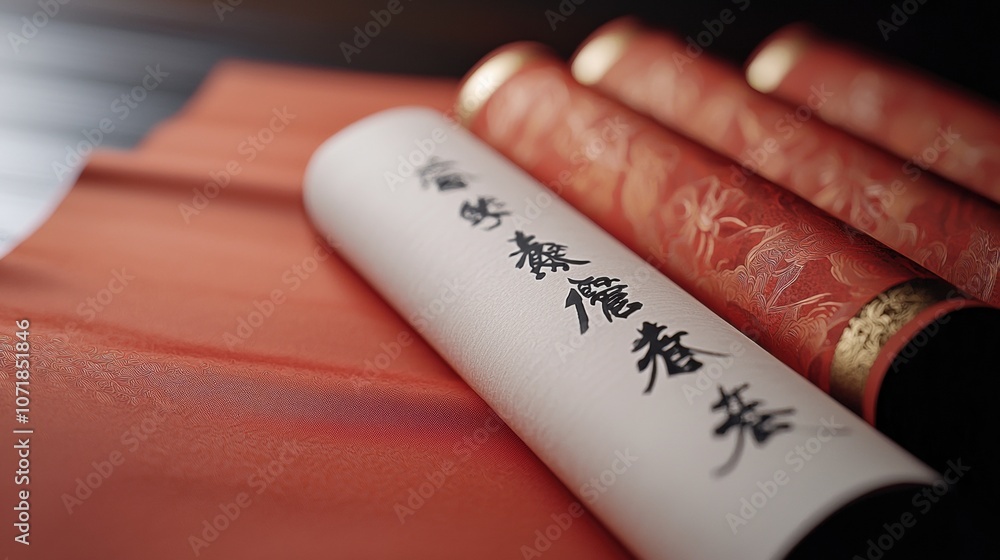Poster a red scroll with chinese writing on it