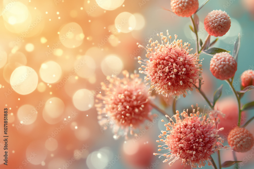 Poster abstract representation of pollen particles floating in the air, symbolizing allergens in a soft, mi