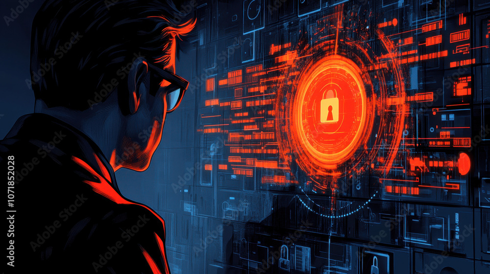 Aufkleber a figure examines a digital interface featuring a glowing orange lock, symbolizing cybersecurity and