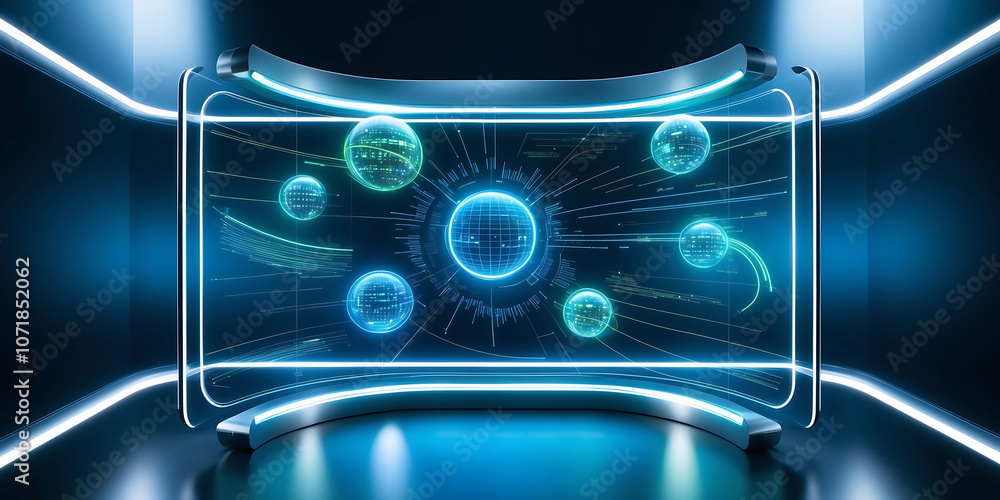 Poster digital holographic interface with data charts and graphs on a blue background.