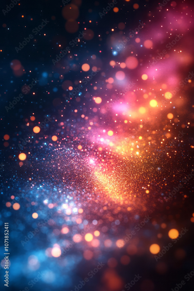 Poster Abstract, neon-colored particles floating in the air, creating a digital representation of common allergens,