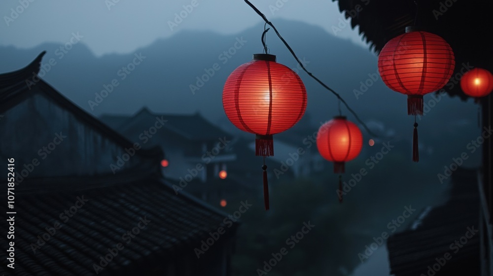 Poster a row of red lanterns hanging from a building