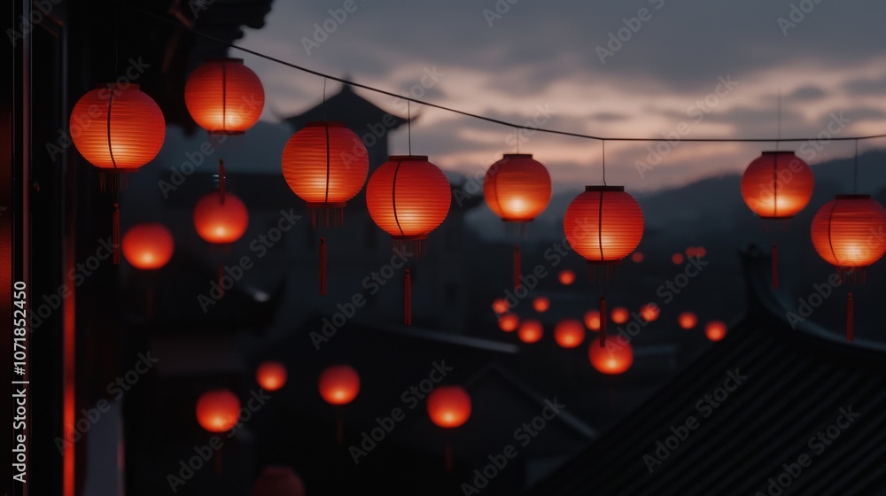 Poster a row of red lanterns hanging from a building