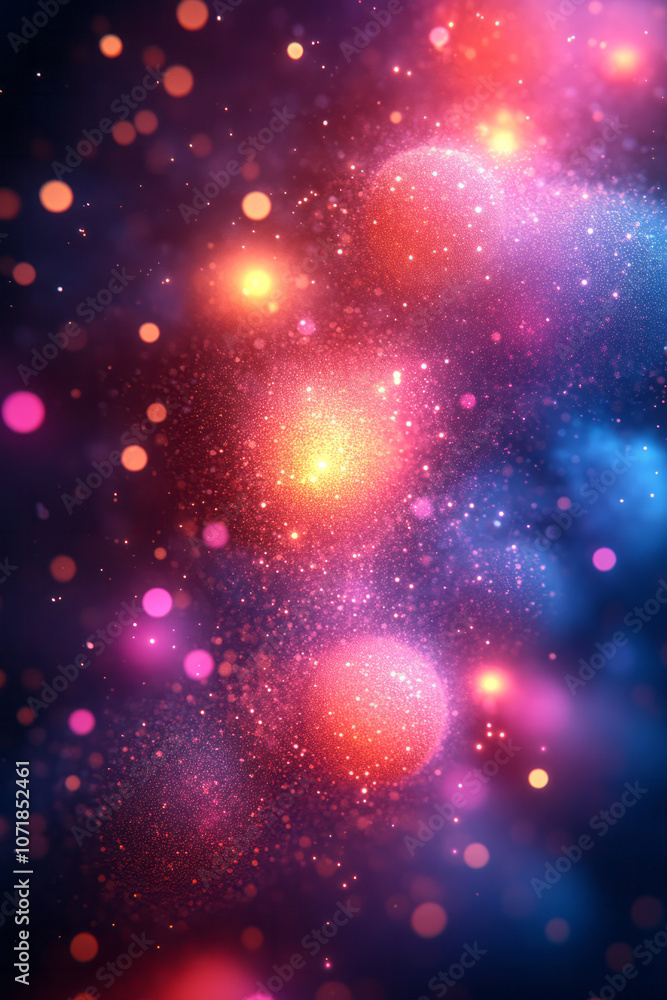 Poster Abstract, neon-colored particles floating in the air, creating a digital representation of common allergens,