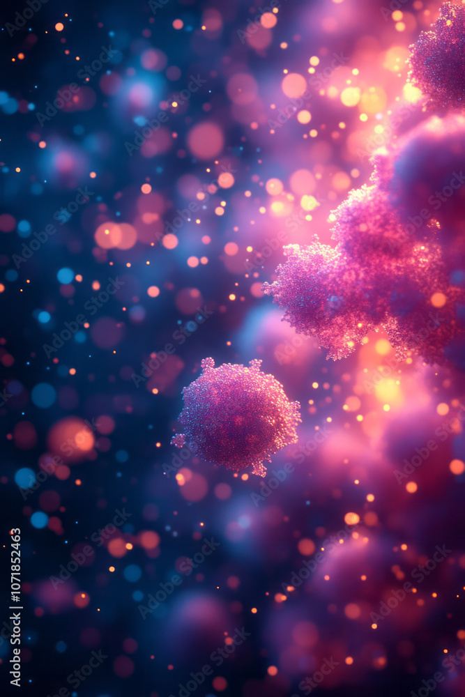 Poster Abstract, neon-colored particles floating in the air, creating a digital representation of common allergens,