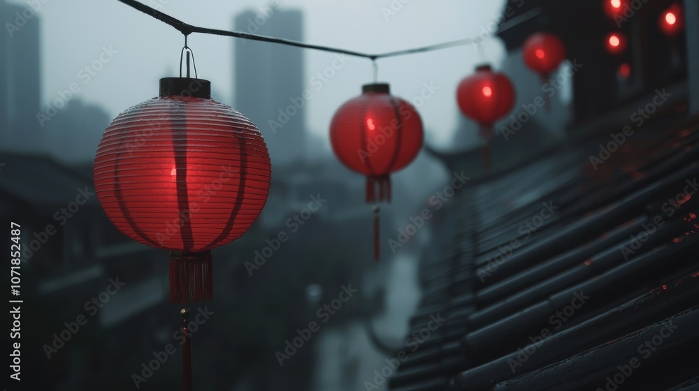 Poster a row of red lanterns hanging from a building