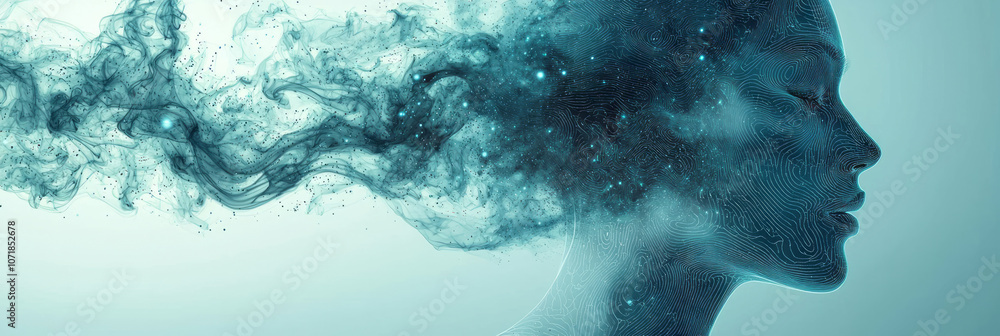 Poster abstract lines depicting airflow and particles around a face silhouette, representing seasonal aller