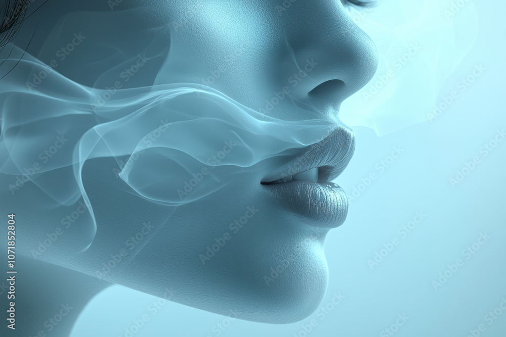 Poster geometric, transparent shapes floating around a stylized nose and mouth, capturing allergens in a sl
