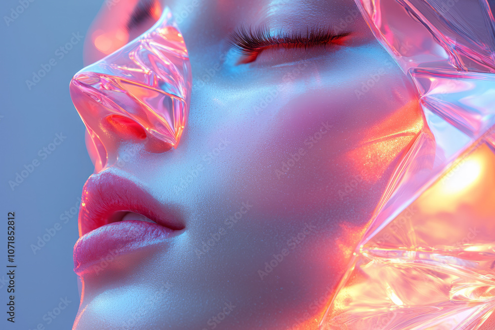 Poster geometric, transparent shapes floating around a stylized nose and mouth, capturing allergens in a sl