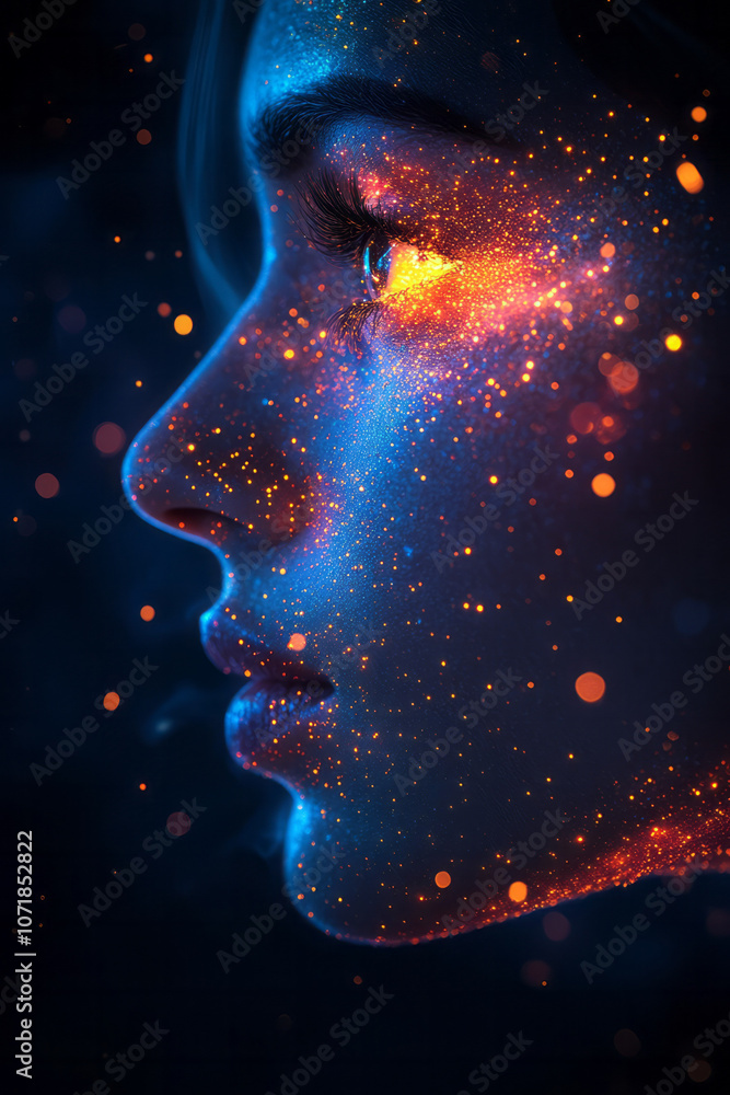 Poster Bright neon particles surrounding a minimalist face outline, visualizing the invisible presence of allergens in the air,