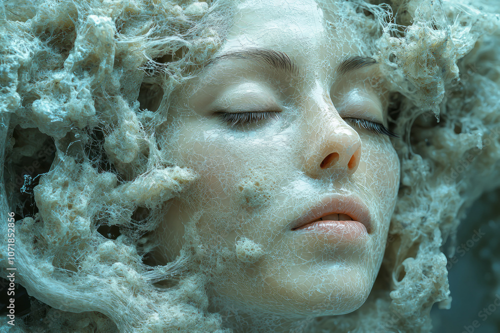 Poster Surreal abstract face surrounded by translucent particles, symbolizing the invisible presence of allergens in a calm style,