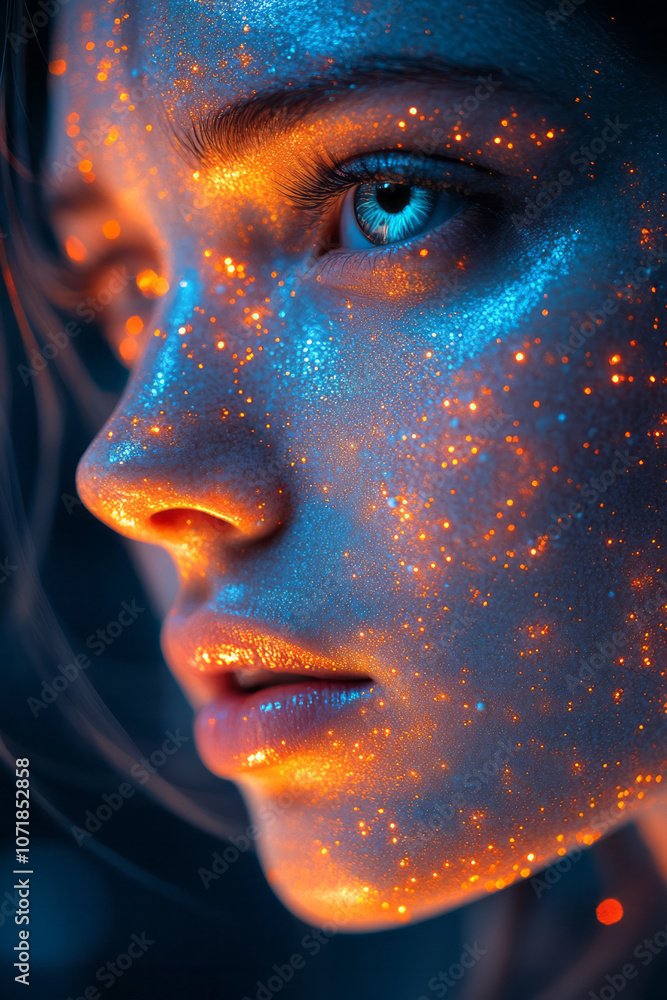 Aufkleber bright neon particles surrounding a minimalist face outline, visualizing the invisible presence of a