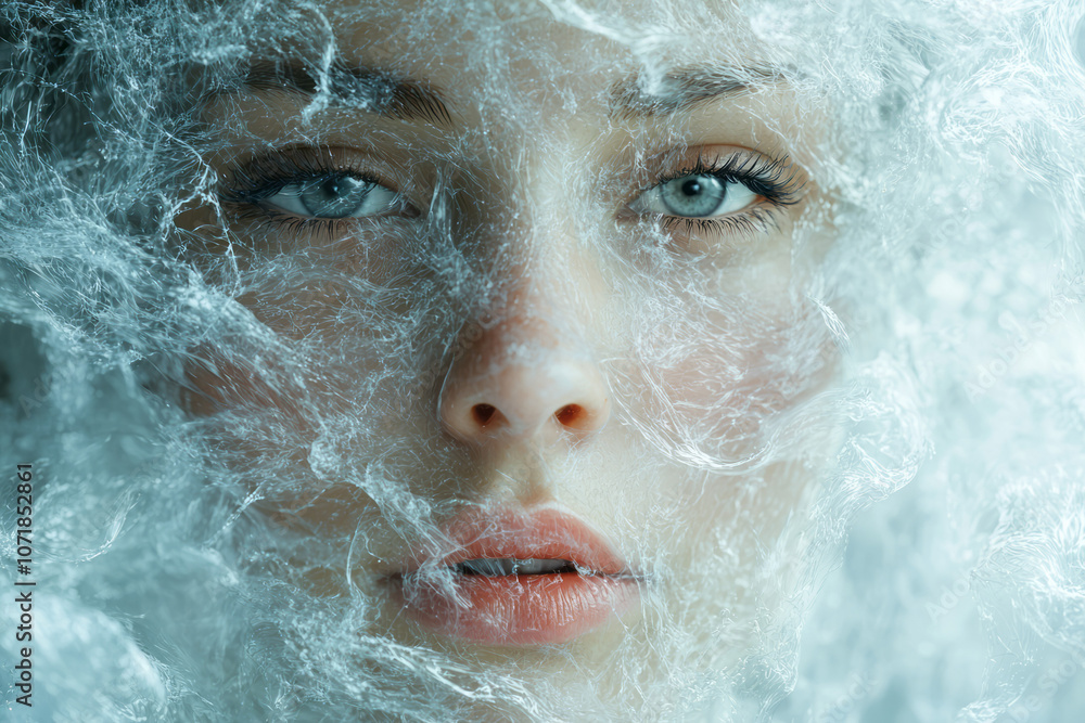 Poster Surreal abstract face surrounded by translucent particles, symbolizing the invisible presence of allergens in a calm style,