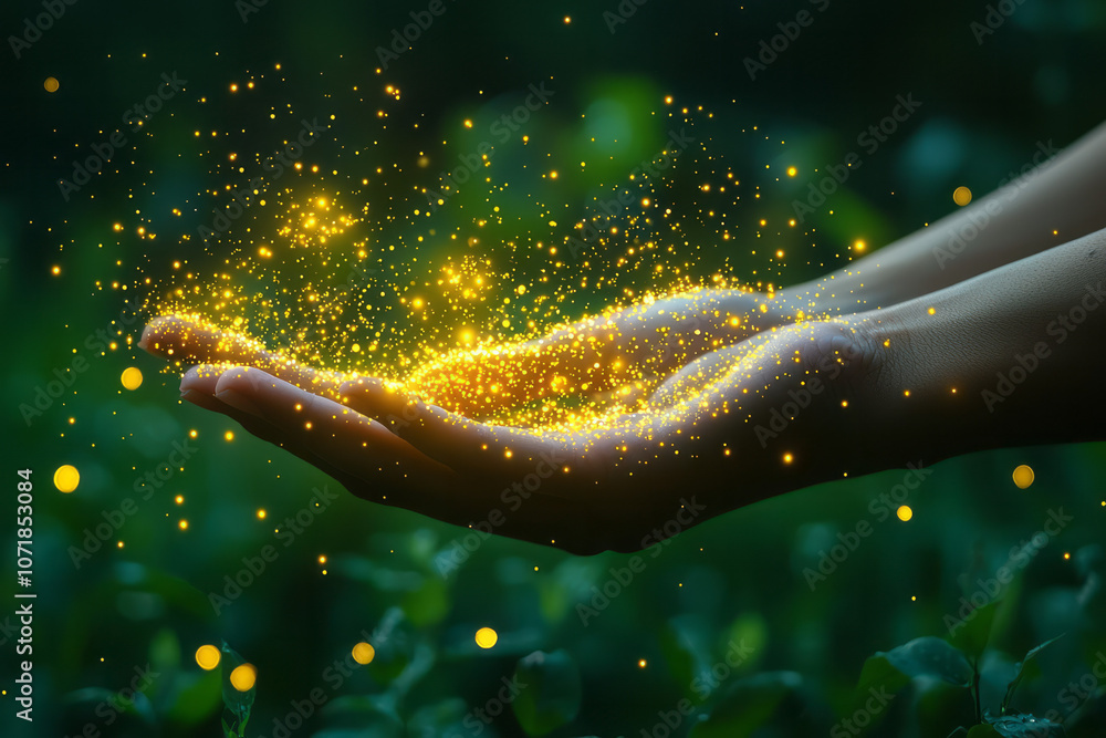 Poster abstract pollen particles as soft, glowing dots moving in the air around an open hand, capturing the