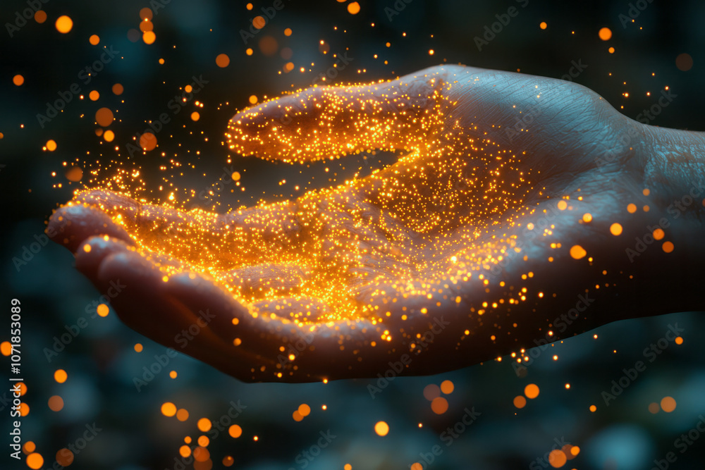 Poster abstract pollen particles as soft, glowing dots moving in the air around an open hand, capturing the