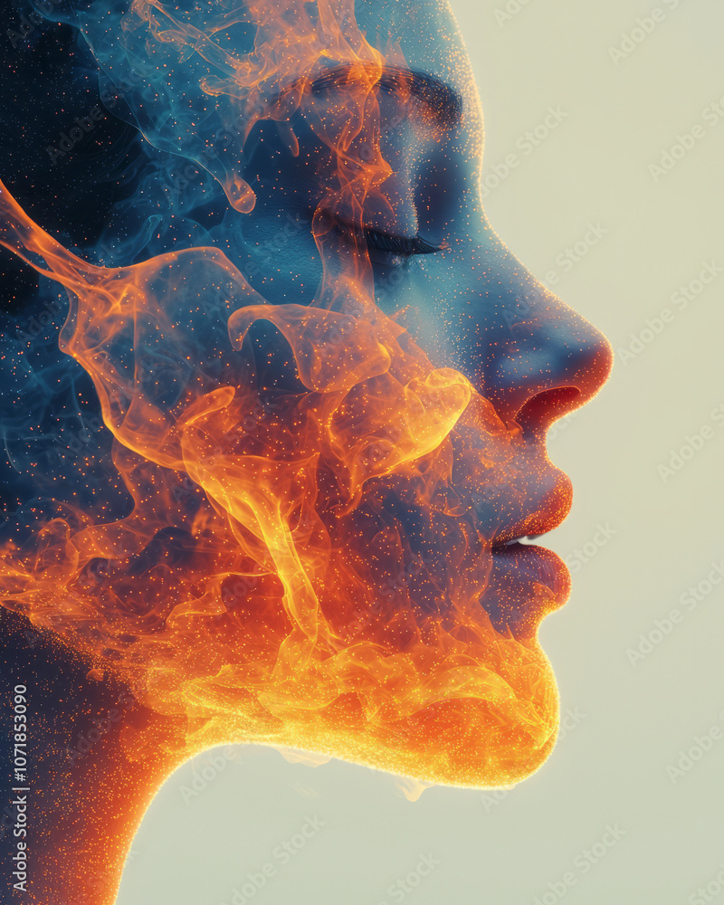 Aufkleber Minimalist depiction of a nose with floating allergen particles, blending warm and cool colors in a soft gradient,
