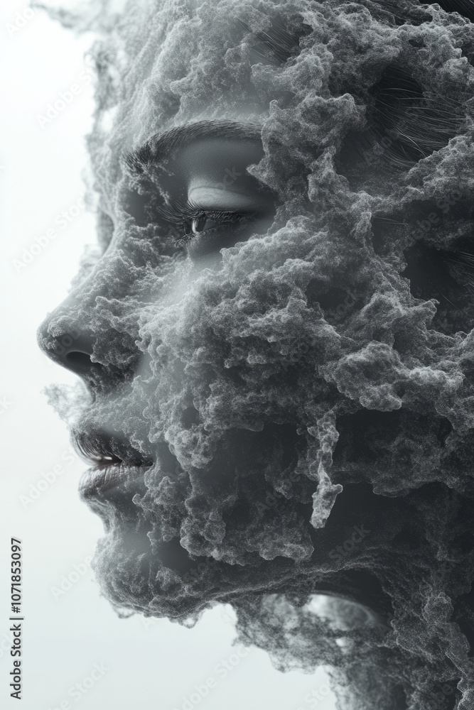 Poster Delicate waves of allergen particles flowing around a face silhouette, creating a conceptual visualization of seasonal allergies,