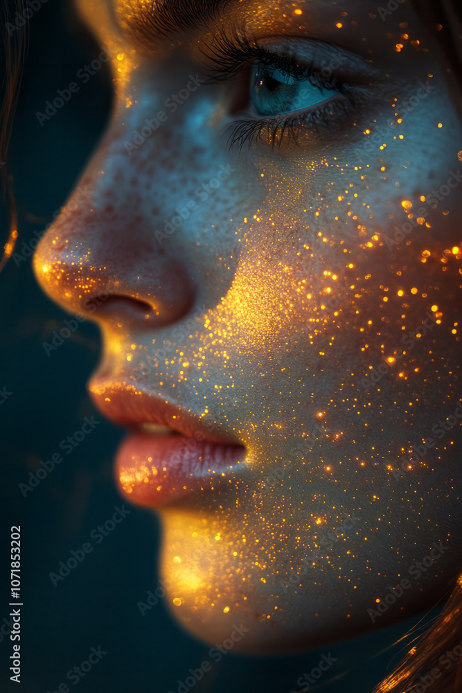 Poster a nose outline with swirling allergen particles in warm colors, representing the invisible irritatio