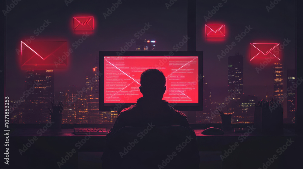 Aufkleber a person sits in front of a glowing red screen displaying data, against a city skyline, creating a m