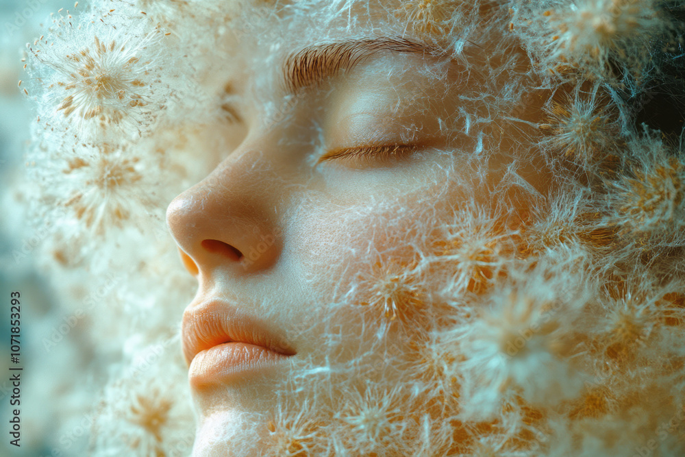 Aufkleber Soft, circular patterns representing allergens like pollen and dust, floating around an abstract face for a peaceful design,