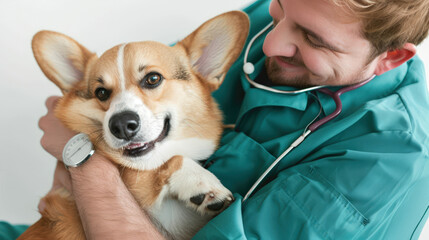 vet cuddling with corgi dog