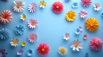 Obraz premium A vibrant arrangement of colorful flowers on a blue background, creating a cheerful atmosphere.