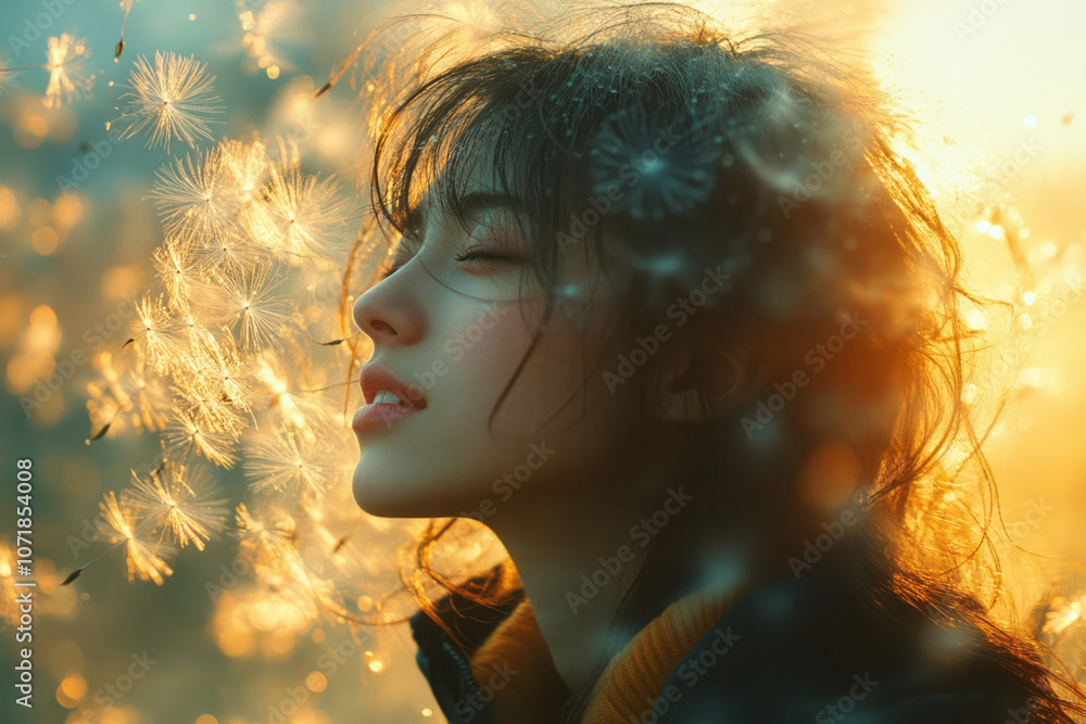 Poster photorealistic shot of dandelion seeds blowing in the wind, with a person in the background shieldin