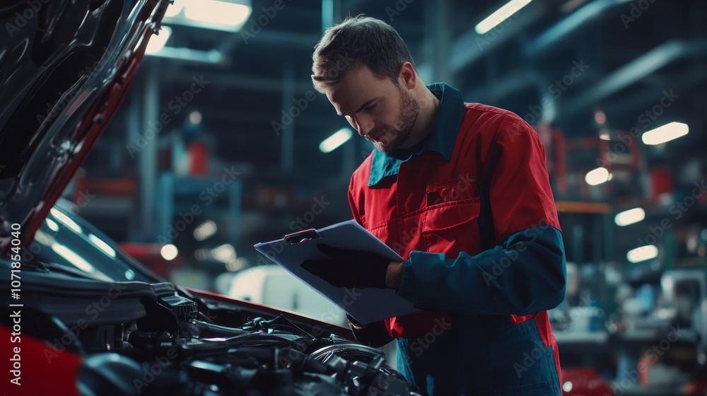 Poster a mechanic is looking at a car engine and writing on a clipboard