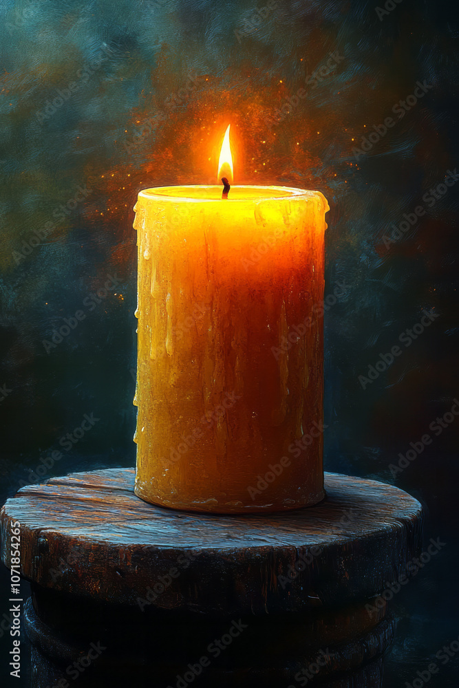 Poster photorealistic image of a candle burning softly in a dimly lit room, creating a calming atmosphere f