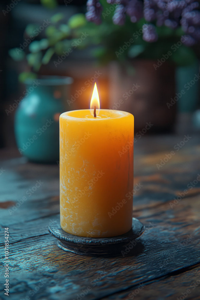 Poster photorealistic image of a candle burning softly in a dimly lit room, creating a calming atmosphere f