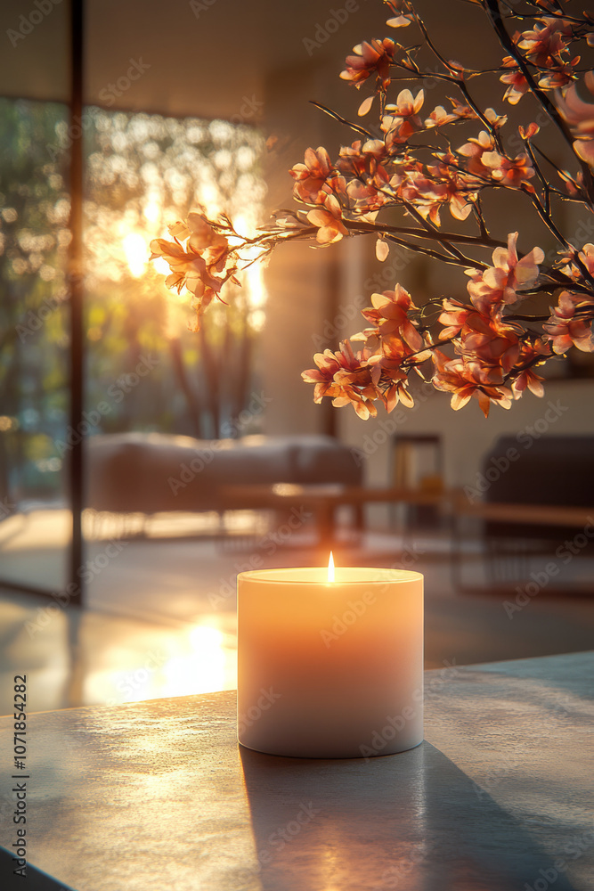 Poster photorealistic image of a candle burning softly in a dimly lit room, creating a calming atmosphere f