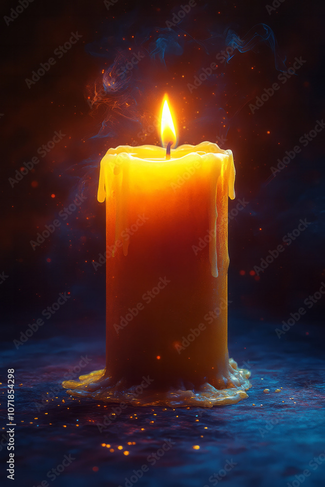 Poster photorealistic image of a candle burning softly in a dimly lit room, creating a calming atmosphere f