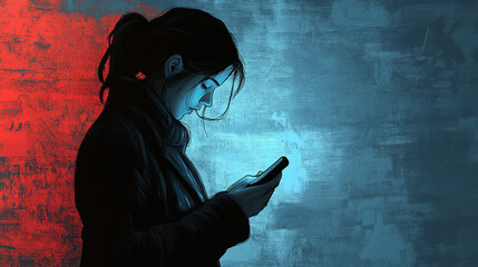 A contemplative figure checks their phone, illuminated by contrasting red and blue hues against a textured background.