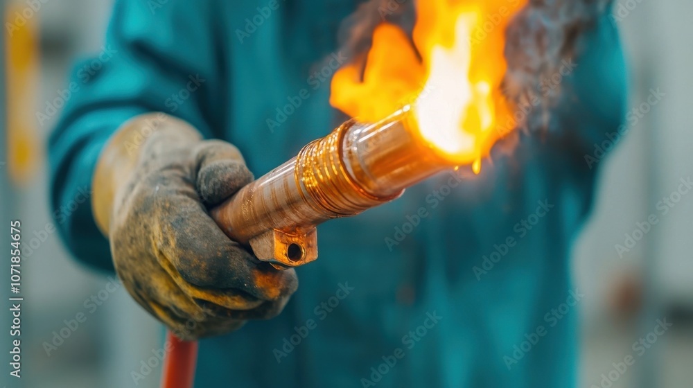 Poster close up of a skilled worker s hands using a burning torch to repair or construct an industrial or c