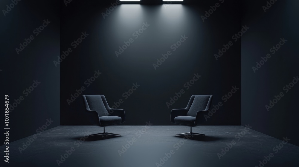 Poster two chairs are placed in a room with a dark color scheme