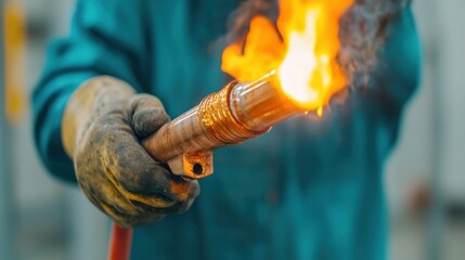 Close up of a skilled worker s hands using a burning torch to repair or construct an industrial or craft related item with precision and care showcasing their expertise and craftsmanship